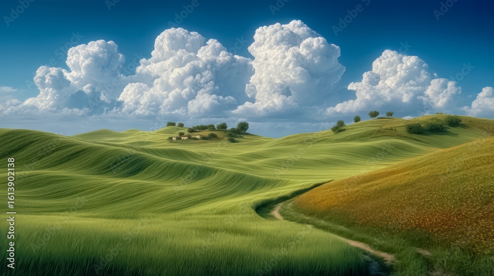 Obraz premium Beautiful, lush green field with a winding road leading through it