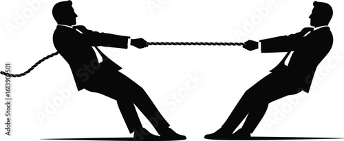 Businessmen pulling rope in competition, tug of war concept, business conflict struggle, corporate challenge silhouette, teamwork tension vector, isolated competitive business illustration