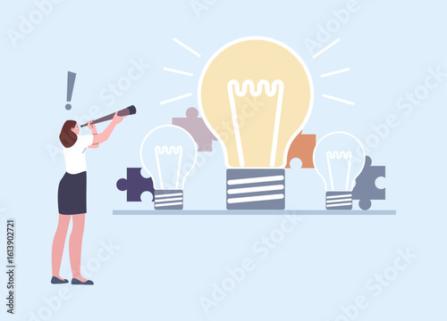 Woman looks through telescope. Problems solving, new ideas searching. Girl looking perspectives, creativity, self-realization, vector concept