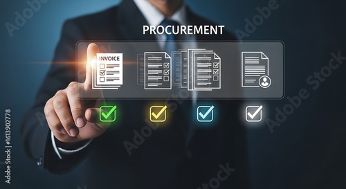 Ai generated image of a businessman touching a digital screen displaying procurement documents and approval process