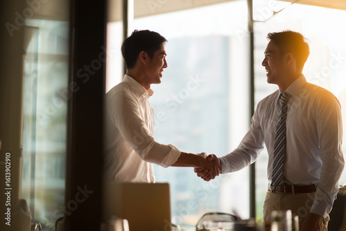 Asian Businessman making handshake with partner, open office space background 