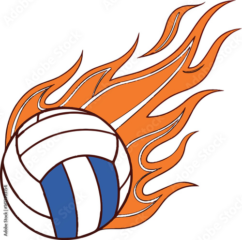 Dynamic volleyball with fiery flames engulfing its surface representing intense competition and high energy isolated on transparent background