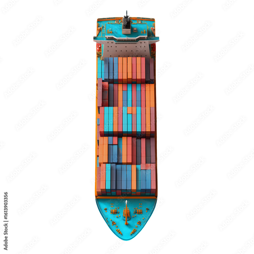 Obraz premium Container ship from above, logistics and transportation, photorealistic style, isolated on white background