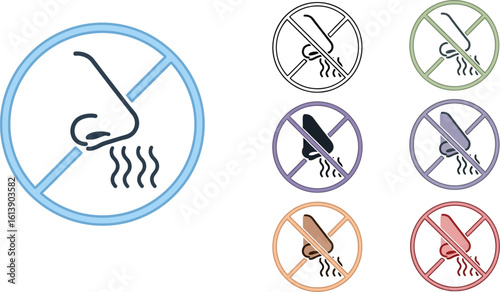 Set of prohibition signs with a nose and wavy lines indicating smell