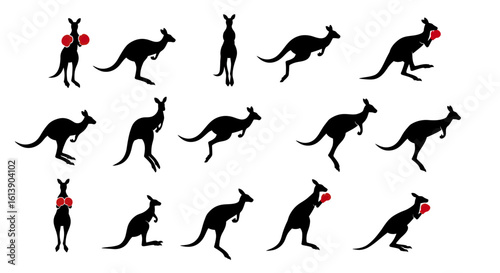 Graphic set of black kangaroo silhouettes in dynamic poses, some wearing red boxing gloves.
