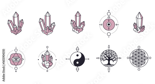 Collection of Pink Crystal Clusters and Geometric Sacred Symbols
