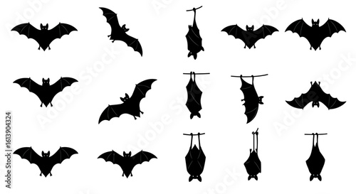Collection of Black Silhouette Bats in Various Poses and Flying Positions