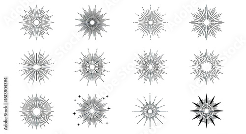 Twelve Unique Linear Sunburst Designs:  Geometric Starburst Illustrations with Varying Line Weights and Styles