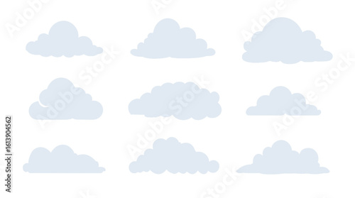 Fluffy cartoon cloud icon set with a seamless blue sky pattern for weather and nature designs