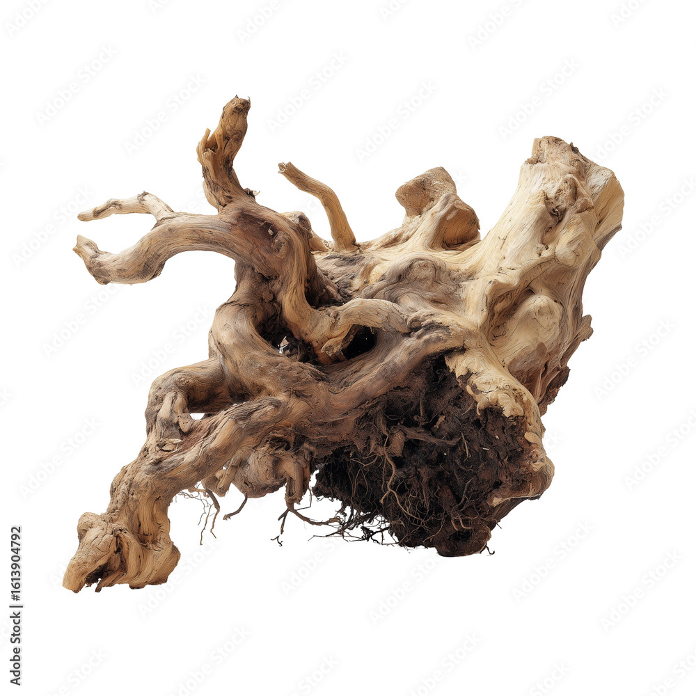 Fototapeta premium Fallen tree trunk with exposed roots on white background