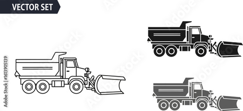 Collection of snow plow trucks in outline silhouette and solid black styles