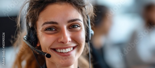 Close-up of a cheerful woman with headset smiling in a call center, ideal for customer service, tech support, business communication, and professional workplace themes