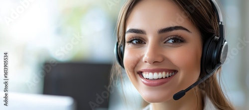 Close-up of a smiling woman with headset working in a bright call center office, ideal for customer support, business communication, or technical helpdesk service visuals