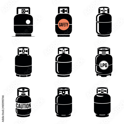 Collection of nine black and white illustrations of various gas cylinders and propane tanks
