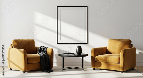 Minimalist Interior with Golden Yellow Armchairs A Black Framed Artwork And Sleek Black Coffee Table in a Sunlit Room An Elegant Modern Interior Decor Scene