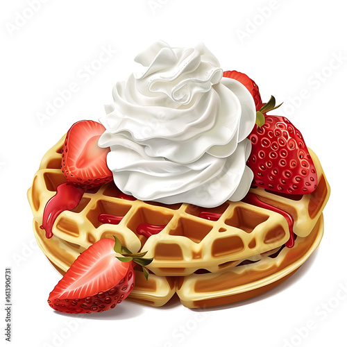 Delicious Waffle Topped with Whipped Cream and Fresh Strawberries