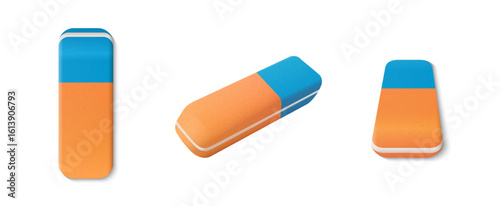 Eraser realistic vector illustration. Two color eraser for pencil and pen top and perspective view