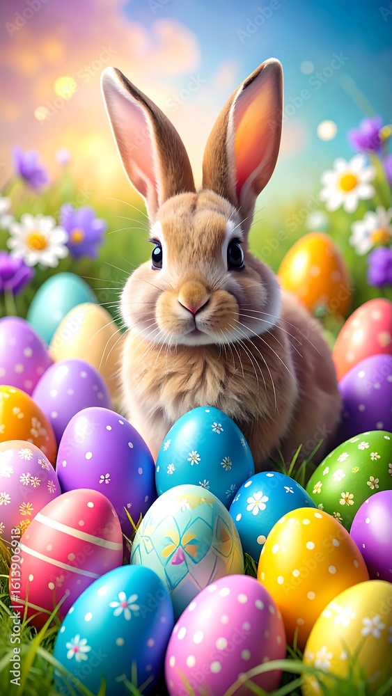 Obraz premium Easter Bunny in a nest of eggs