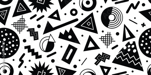 Black and white seamless pattern design of geometric shapes on a white background