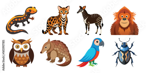 A Vector Cheerful Cartoon Animal Set:  Exotic Wildlife Illustrations, Flat Design, Vibrant Colors.