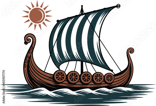 A stylized Viking longship sails on water under a radiant sun, showcasing its iconic design with a striped sail and decorative prow, evoking a sense of history and adventure.