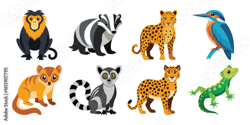 A Cute Vector Cartoon Animals:  Exotic Wildlife Set, Vibrant Colors, Flat Style Illustration.