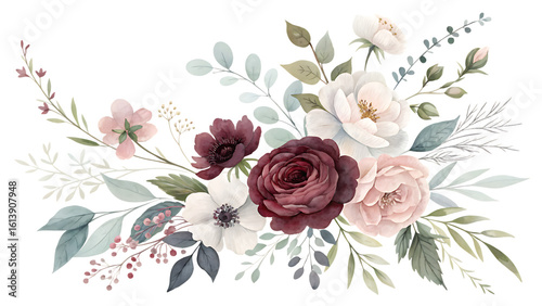 Elegant watercolor floral arrangement featuring burgundy and white roses with delicate greenery isolated on transparent background