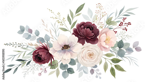 Fototapeta Naklejka Na Ścianę i Meble -  Beautiful watercolor floral arrangement with burgundy and white peonies and eucalyptus leaves isolated on transparent background