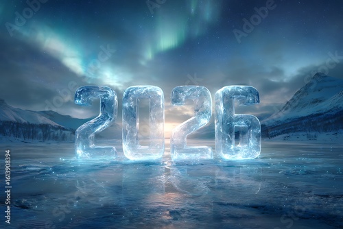 A stunning image of the year 2026 sculpted in ice, set against a backdrop of the aurora borealis and snowy mountains.