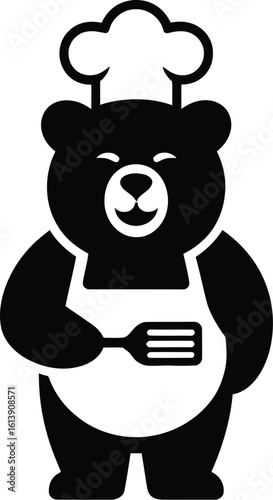 A charming bear chef illustration showcases a delightful character wearing a chef's hat and apron, holding a spatula, perfect for culinary or food-related designs and branding.
