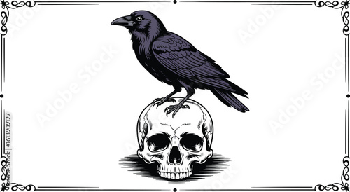 A striking illustration features a raven perched atop a human skull, framed by an ornate border, evoking themes of mortality, gothic art, and symbolic representations of death.