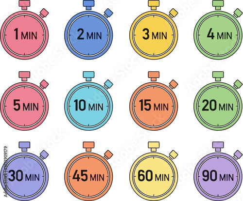 Colorful timer icons set vector time management concept art