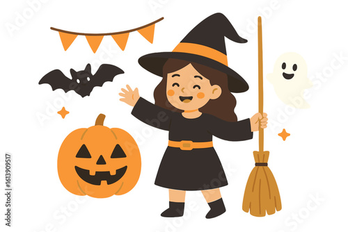 Collection of Halloween decor and a kid in costume, featuring a cute little witch girl and Halloween decoration set