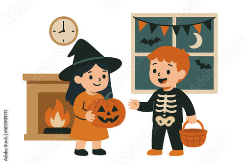 Adorable cartoon kids dressed in Halloween attire happily participating in indoor trick-or-treating near a fireplace, pumpkin, and a window displaying a star-filled night sky