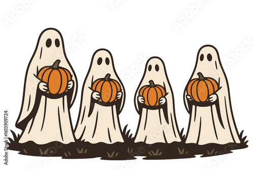 Depiction of youngsters dressed in vibrant attire as they participate in trick-or-treating activities on Halloween