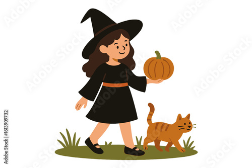 A young girl dressed as a witch stands beside a dog, clutching a pumpkin