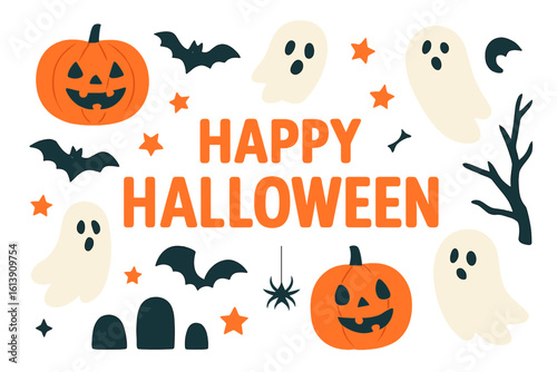 Vector illustration of a Halloween party invitation featuring spooky and trendy designs such as zombies, pumpkins, ghosts, and a creepy hand set under a full moon, suitable for kids' parties and