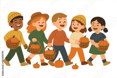Three youngsters in disguise go from door to door asking for candy surrounded by autumnal squash and celebratory ornaments