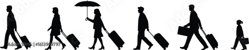 Silhouettes of people walking with luggage, traveling together, business trip or vacation journey, travel concept illustration, airport travelers group