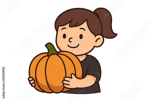 Adorable girl dressed in pumpkin costume accompanied by a pumpkin companion
