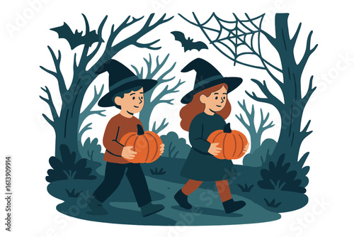 On Halloween night, two youngsters disguised as witches, complete with pointy hats and capes, make their way through a spooky cave, bearing a candy bucket in the shape of a jack o' lantern, while