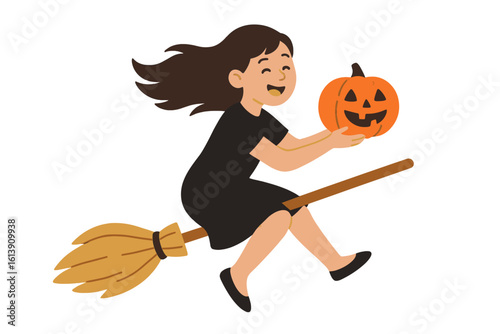 Illustration of a cute kid cosplaying as a witch, celebrating Halloween with a flying broom and pumpkin bucket, while a cartoon girl plays trick or treat