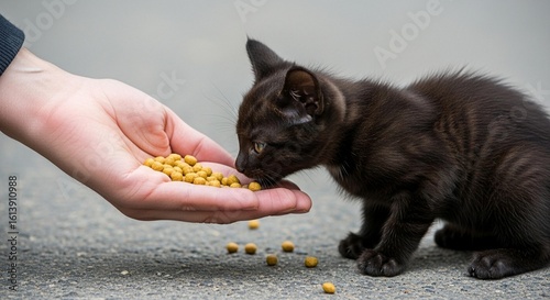 Fototapeta Naklejka Na Ścianę i Meble -  Photo of a small black kitten is eating food from a persons hand on a concrete surface outdoors