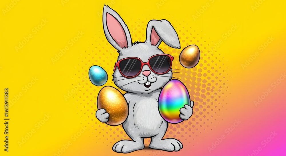 Fototapeta premium A cool rabbit wearing orange sunglasses holds colorful Easter eggs against a bright teal background, symbolizing fun