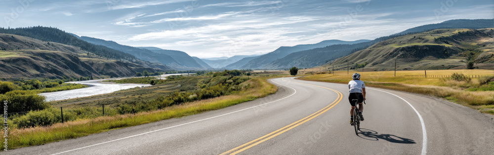 Fototapeta premium Cyclist navigates a winding road surrounded by mountains and a river under a clear blue sky during the day