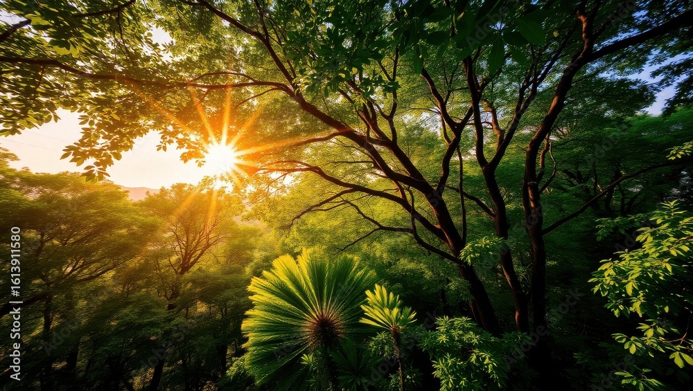 Fototapeta premium Sunlight shining through the trees creating a warm glow in a dense and lush green forest scene