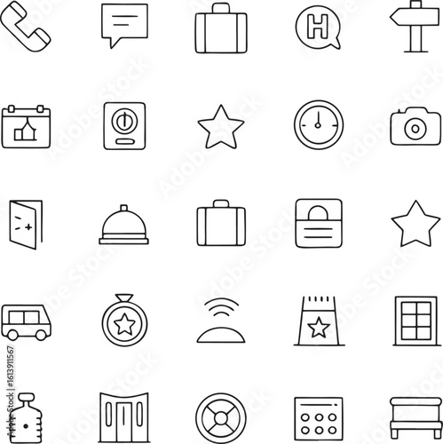 Collection of Minimalist Line Art Icons Representing Travel and Hospitality Industry Services and Amenities Set Against White Background