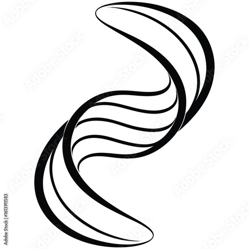Illustrate a spiraling helix shape, using clean black curves, with negative space between each curve