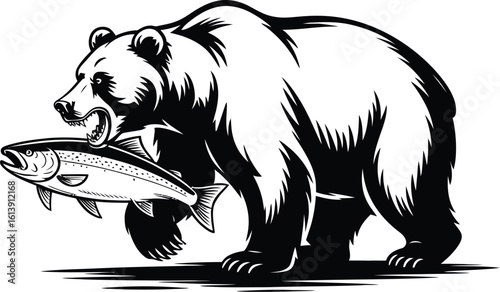A bold graphic illustration showcases a powerful bear holding a fresh salmon in its mouth, rendered in striking black and white, perfect for wildlife or fishing themes.