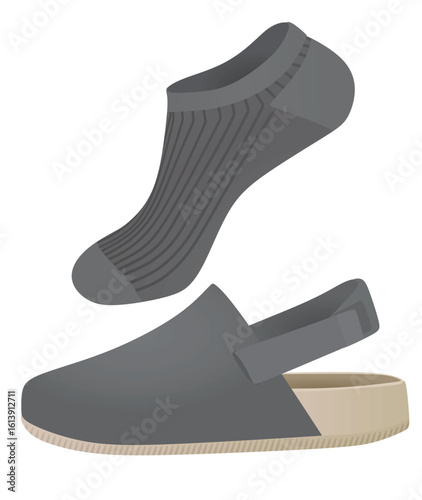 Grey clogs shoes and socks. vector illustration	